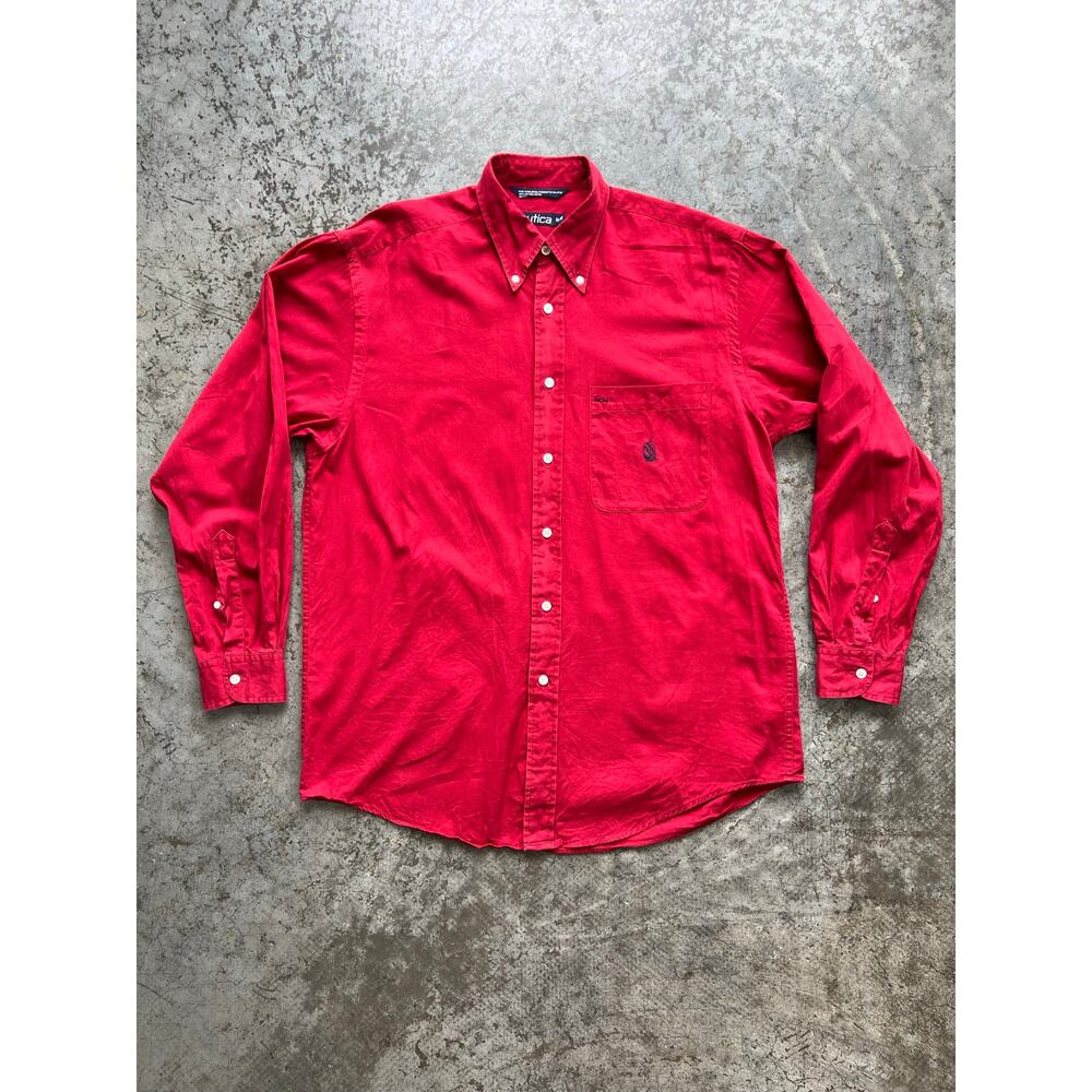 Vintage Nautica Red Button Down Shirt Mens Medium Oversized Cotton Long Sleeve